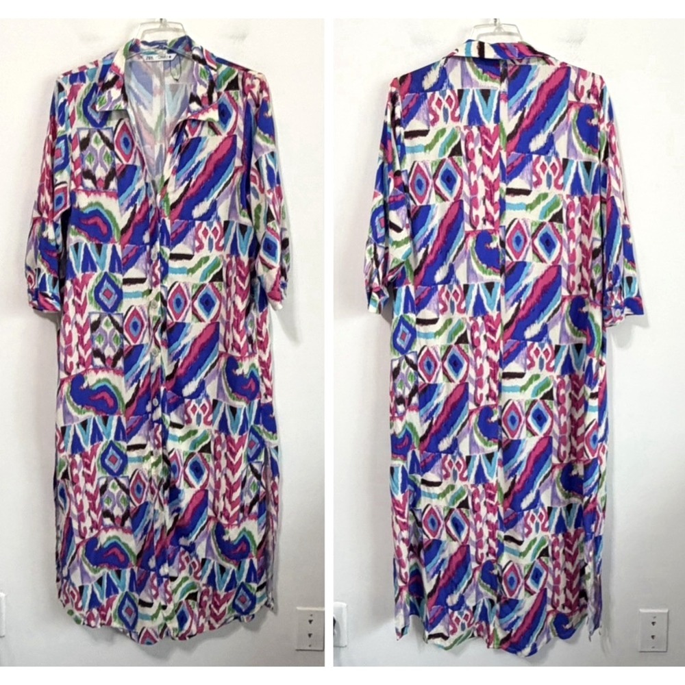Zara Button Front Midi Dress S Colorful Printed‎ Tunic Boho Casual Travel Party